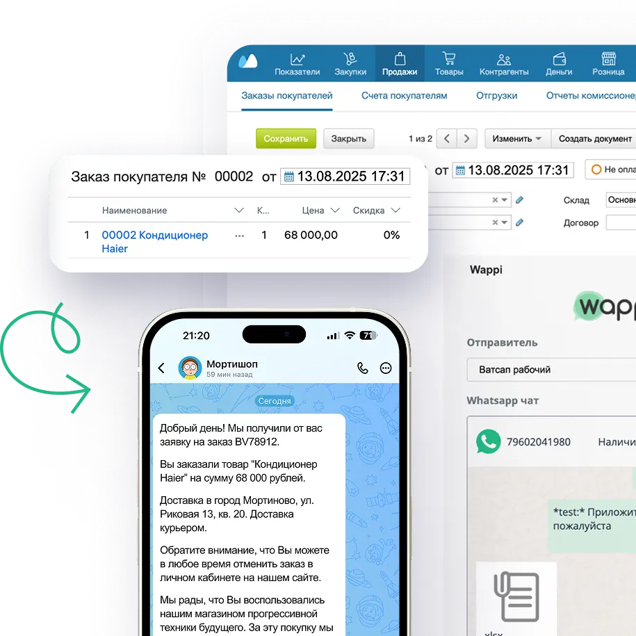 Интеграция Whatsapp, Telegram, MAX, СМС для МойСклад